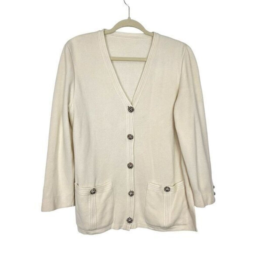 Vintage V Neck Cardigan Ivory Knit Gold Button Women Large Cream Wool 3/4 Sleeve